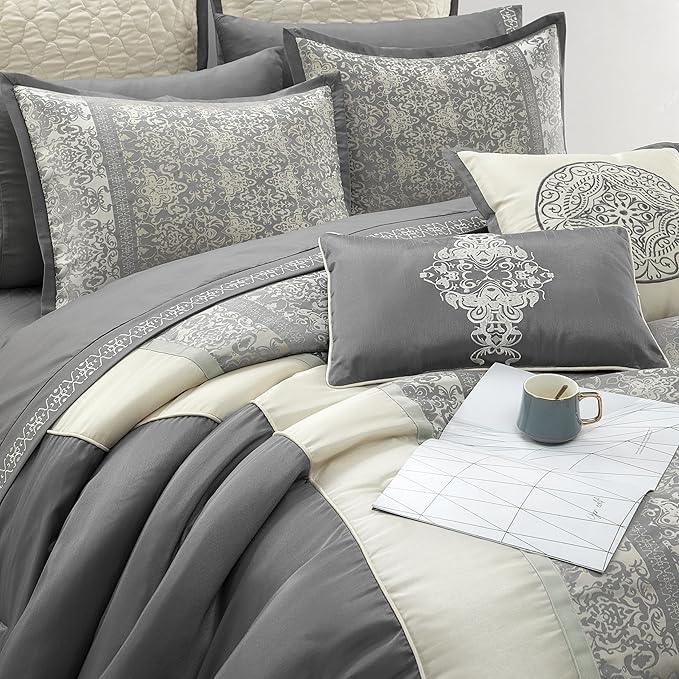 Grand Avenue Silver & Ivory Comforter Set Queen Size, Classic Jacquard Bedding Sets, Faux Silk, Premium Microfiber, 12 Pieces Bed in a Bag, Matching Fitted Sheet, Flat Sheet