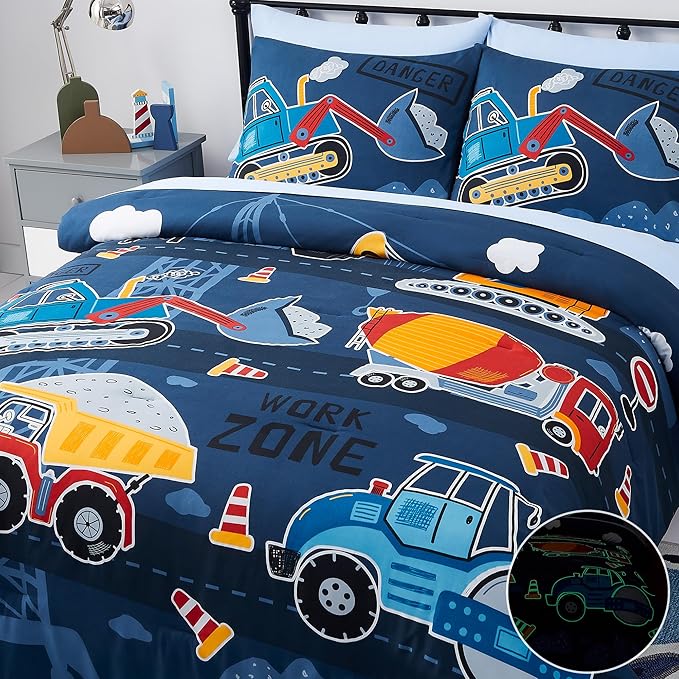 Full Kids Comforter Set - 7 Pieces Full Bedding Sets for Boys Teen, Glow in The Dark Truck Tractor Excavator Bed in A Bag with Sheets