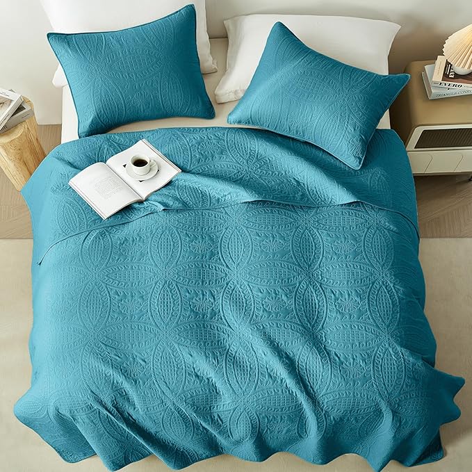 akkialla Teal Twin Quilt Set, Ultrasonic Lightweight Bedspread Coverlet for Modern Minimalist Bedroom, Soft Microfiber Coin Pattern Bedding, 2-Piece (1 Quilt, 1 Pillow Sham) | Breathable fabric