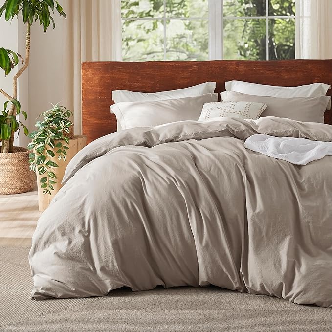 Bedsure 100% Washed Cotton Duvet Cover Queen Size - Tannish Linen Grey Minimalist Cotton Duvet Cover for All Seasons - GentleSoft™ Plain Simple Bedding Set (Tannish Linen Grey, Queen, 90"x90")