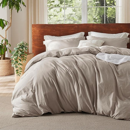 Bedsure 100% Washed Cotton Duvet Cover Queen Size - Tannish Linen Grey Minimalist Cotton Duvet Cover for All Seasons - GentleSoft™ Plain Simple Bedding Set (Tannish Linen Grey, Queen, 90"x90")
