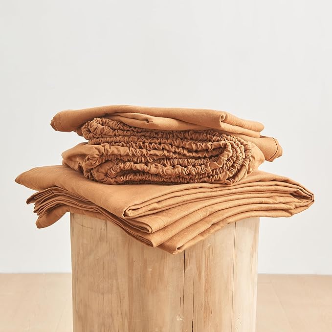 Simple&Opulence Belgian Linen Sheet Set Solid Color - 4 Pieces (1 Flat Sheet, 1 Fitted Sheet & 2 Pillowcases) Natural Flax Cotton Blend Soft Breathable Farmhouse Bedding - King Size, Rust