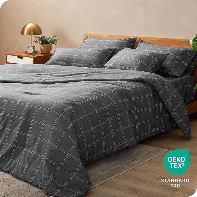 Bare Home Bed-in-A-Bag 7 Piece Comforter & Sheet Set - King - Goose Down Alternative - Ultra-Soft 1800 Premium Bedding Set (King, Modern Plaid - Grey/White)