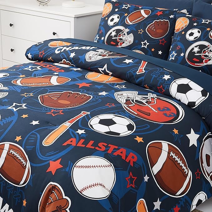 Full Kids Comforter Set - 7 Pieces Full Bedding Sets for Boys Teen, Glow in The Dark Sports Ball Games Bed in A Bag with Sheets