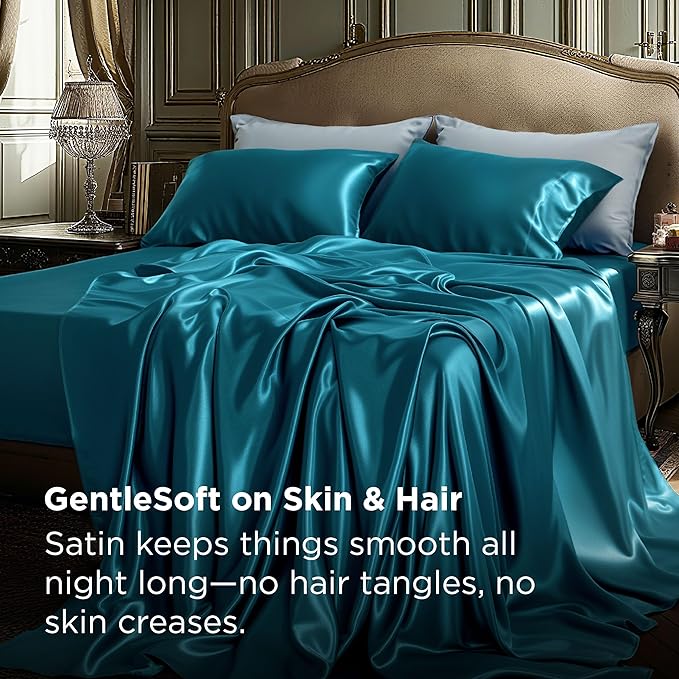 Bedsure Satin Sheets King Size - 4 Piece Silky Bedsheets with 15 Inches Deep Pocket Fitted Bedsheet,1 Flat Sheet, 2 Satin Pillowcases, Good for Hair & Skin (King, Teal)