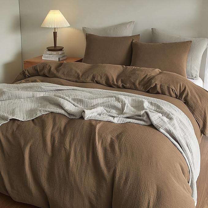 SE SOFTEXLY Muslin Duvet Cover King Size, 100% Washed Cotton Duvet Cover Set, Ultra Soft Comforter Cover Linen Like, 3 Pieces Minimalist Gauze Duvet Cover with 2 Pillowcases, 90"x104", Dark Brown