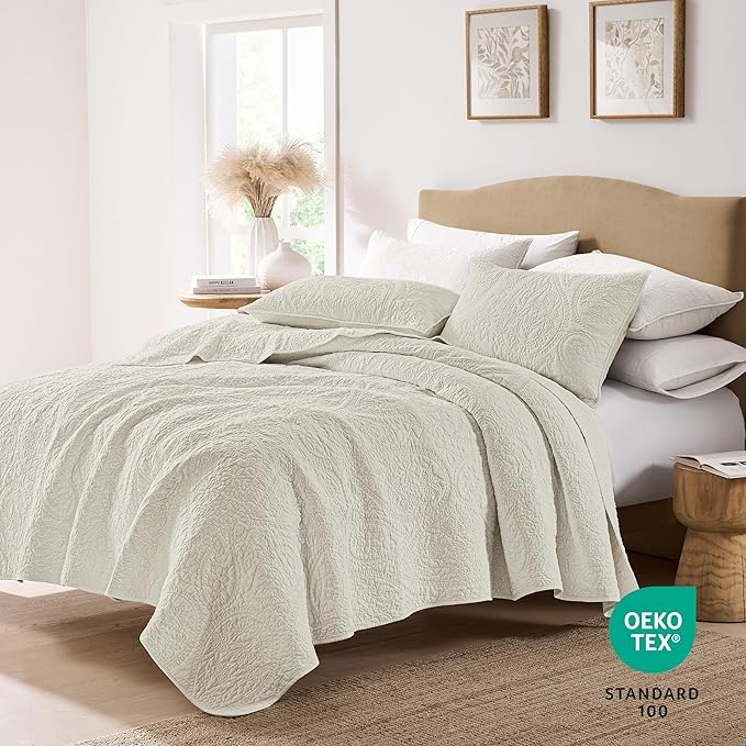 palassio Beige Paisley 100% Cotton Quilt King Size Bedding Sets with 2 Pillow Shams, Boho Floral Lightweight Farmhouse Country Vintage Soft Bedspread Shabby Chic Coverlet for All Season, 3 Pieces