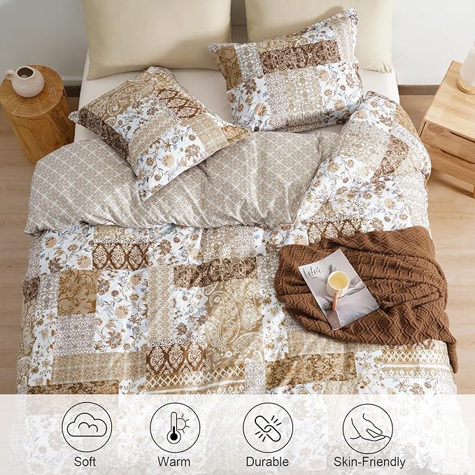 PHF Ultra Soft Floral Duvet Cover Twin Size, Printed boho Bedding Set 2 Pieces, Comfy Farmhouse Reversible Paisley Pattern Duvet Cover Set with 1 Pillow Shams, Zipper Closure and 6 Ties, 68"x90",Brown
