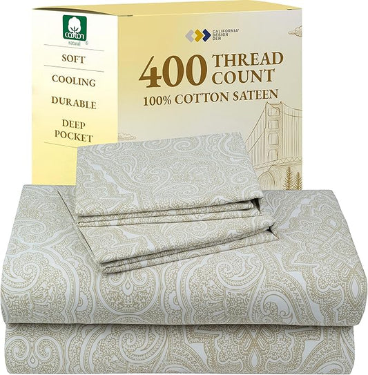 California Design Den Printed King Size Sheets Set - 400 Thread Count, Soft Sateen, Natural 100% Cotton Sheets, Deep Pockets, and Durable Bedding Set - Paisley Beige