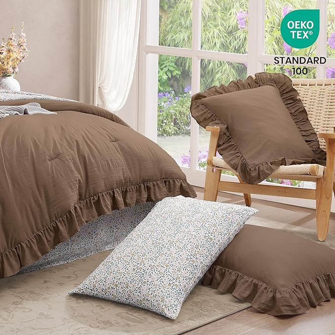 Oversized King Comforter Set - 7 Pieces Ruffle Amber Brown Bedding Sets, Shabby Chic Farmhouse Bed in a Bag with Ruffle Comforter, Floral Sheets, Pillowcases & Shams