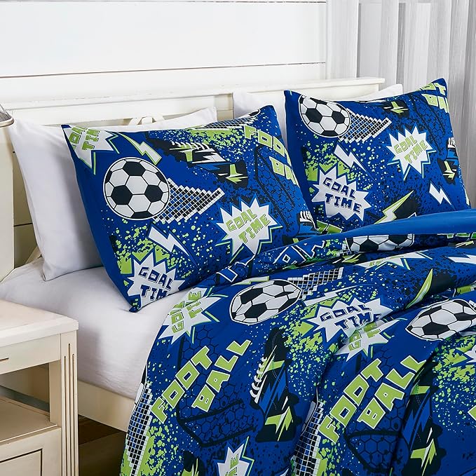 Chezmoi Collection 3-Piece Kids Football Soccer Bedding Comforter Set Twin Size - Soft Microfiber Blue Green Black White Printed Football Soccer Sports for Kids/Teens