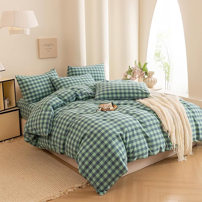 ECOCOTT Grid Plaid Duvet Cover King Size -100% Washed Cotton Linen Like Textured Breathable Durable Soft Comfy Bedding Set Mini Green Blue Plaid