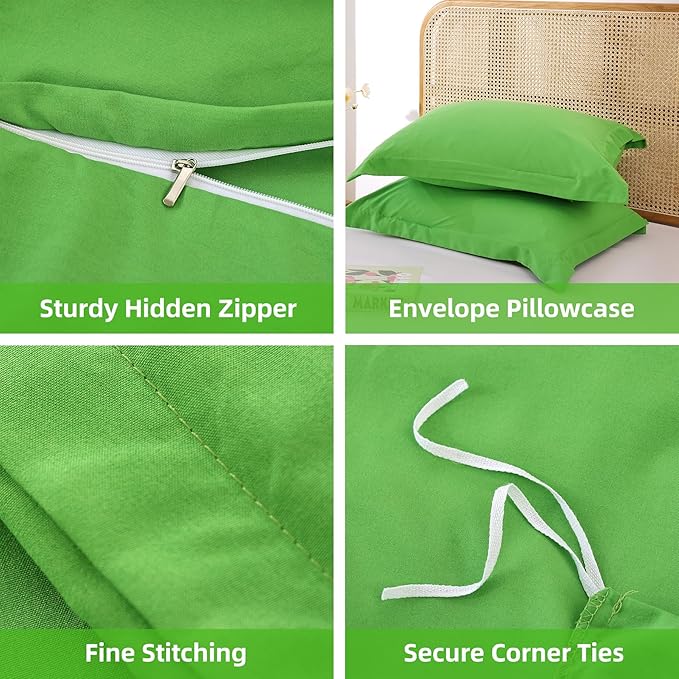 Whitney Home Textile Green Duvet Cover Set Twin Size - 2 Piece Luxury Soft Cooling Duvet Cover with Zipper Closure and Pillow Sham, Breathable Washed Brushed Microfiber, Comforter Not Included