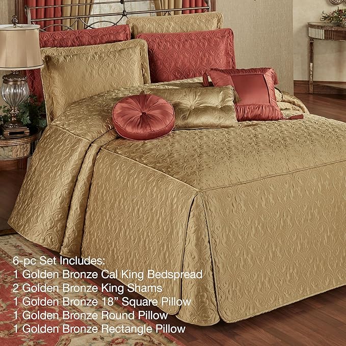 Cambridge Classic Luxury Bedding | Golden Bronze Solid Color Polyester Satin | Elaborate Damask Quilting | 6 Pc Set Includes Oversized California King Bedspread, 2 King Shams, & 3 Decorative Pillows