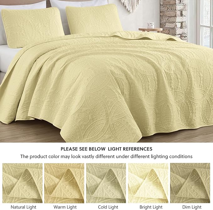 Chezmoi Collection Austin Queen Oversized Bedspread Set, 3-Piece Pinsonic Quilted Lightweight Microfiber Bedspread Coverlet, Pastel Yellow