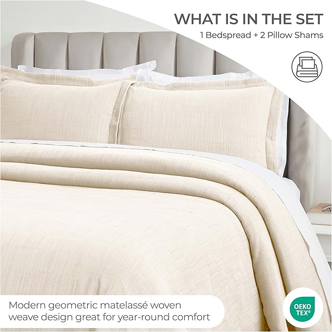 Superior 3 Piece Cotton Bedspread and Sham Set, Home Bed Decor, Decorative Bed Spread, 2 Pillow Shams, Medium Weight, Matelasse Coverlet, Bedding Essentials, Zenith Collection, California King, Ivory