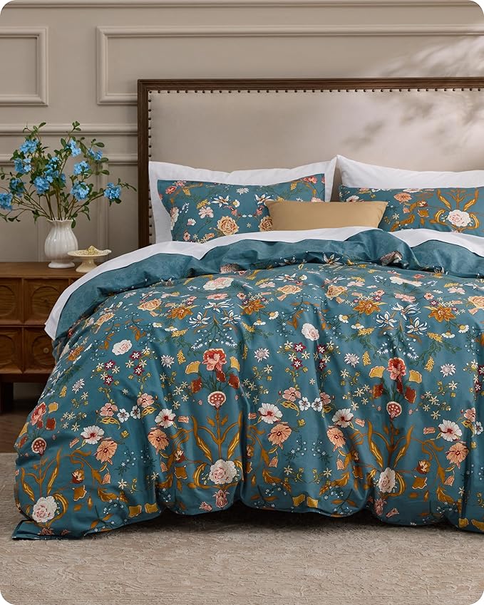 Bedsure 100% Cotton Reversible Floral Duvet Cover King Size - Botanical Shabby Chic Printed Comforter Cover with Zipper Closure & 2 Pillow Shams, No Comforter (Vintage Teal Floral 104"x90")