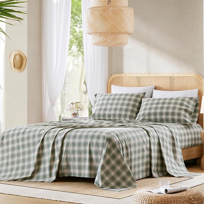 Comfort Spaces 100% Cotton Sheets Twin XL, Breathable, Naturally Cool Cotton Sheets, Soft Cotton Bed Sheets with 12" Elastic Pocket Fits up to 14" Mattress, All Seasons Sheet Set, Wesley Green 3 Piece