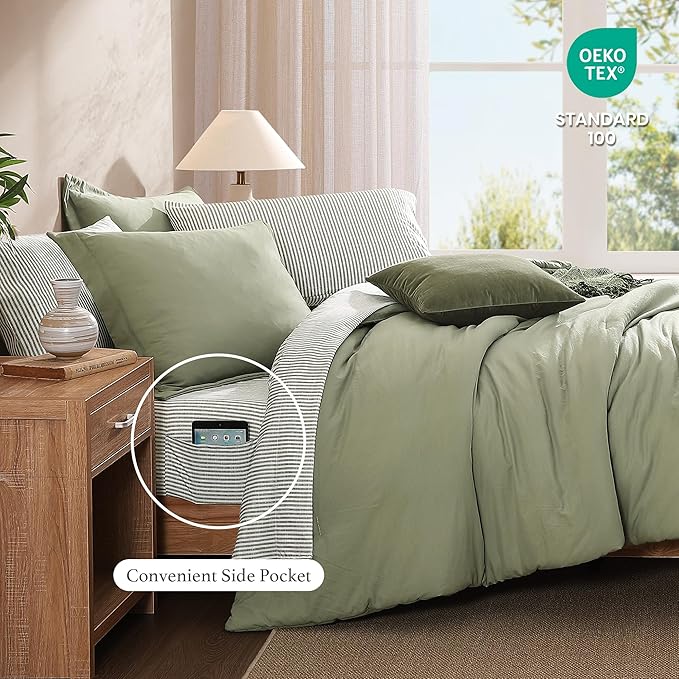 Monbix Queen Comforter Set - 7 Pieces Green Prewashed Bed in a Bag Queen Bedding Sets with Comforters, All Seasons Ultra Soft Comforter Bed Set with Sheets,Pillowcases & Shams
