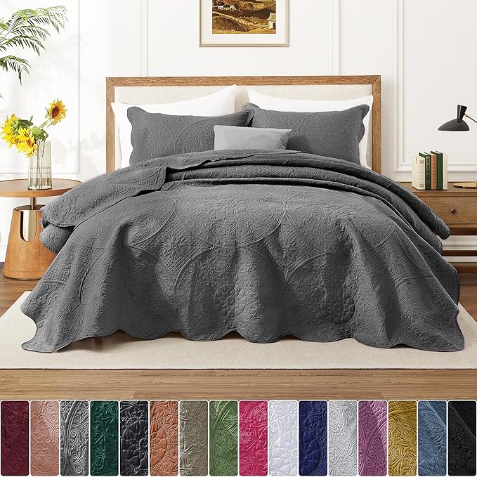 IR Imperial Rooms 8 Pack Quilt King Size Bedding (106" x 96") - Bulk Wholesale for Hotels, Guest Bedroom & Airbnbs - Lightweight Microfiber Reversible Floral Embossed Quilts Bedspreads (Grey)