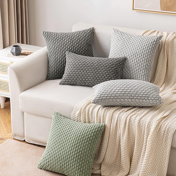 MIULEE Pack of 2 Decorative Throw Pillow Covers 24x24 Inch Soft Boho Striped Textured Corduroy Pillow Covers Modern Farmhouse Home Decor for Couch Bed Sofa Living Room Light Grey