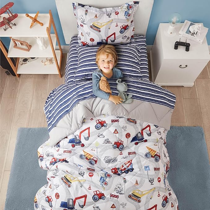 Truck Twin Comforter Set for Boys, 5 Pieces Kids Bedroom Bedding Set with Sheets and Pillowcase, Super Soft Lightweight for All Seasons, Car, Machine Washable