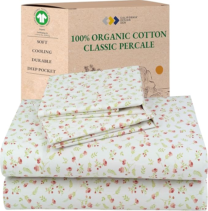 California Design Den Queen Sheet Set Floral, 100% Organic Cotton Percale Sheets, Deep Pocket Queen Sheets & Pillowcase Set - Floral