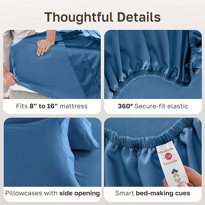 California Design Den King Sheets Cotton Set - Luxury 600 Thread Count Sateen, Natural 100% Cotton Cooling Sheets King Size, Hotel Quality, Durable Fully Elasticized Deep Pockets - Parisian Blue