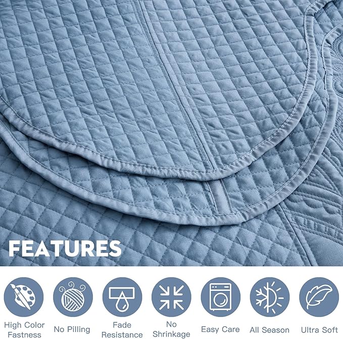 Oversized King Bedspread 128x120 Extra Wide, Paisley Pattern Design, Lightweight Bedding Cover, Reversible, 5 Piece, 100% Microfiber, Smokey Blue
