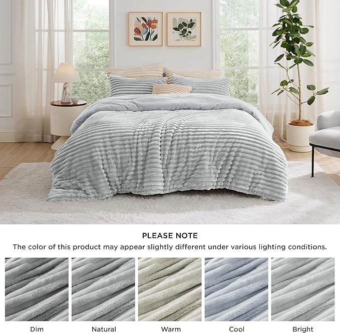 Bedsure Queen Comforter Set - GentleSoft™ 3 Pieces Fluffy Double-Side Fleece Comforter Set, Cozy Striped Room Decor Aesthetic, Luxury Light Grey Bedding Queen Size with 2 Pillowcases, 90x90 Inches