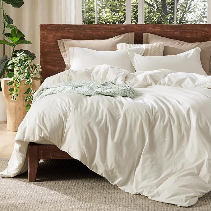 Bedsure 100% Washed Cotton Duvet Cover Twin Size - Ivory Minimalist Cotton Duvet Cover Linen Like for All Seasons - GentleSoft™ Plain Simple Bedding, 2 Pieces (Ivory, Twin, 68"x90")