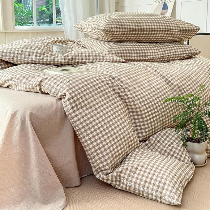 LifeTB Tan Gingham Duvet Cover Twin 3 Pieces Beige Plaid Duvet Cover 100% Washed Cotton Bedding Boho Grid Comforter Cover Farmhouse Checkered Gingham Bedding Cover with 2 Pillowcases