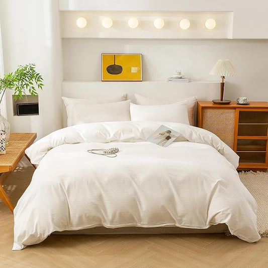 ECOCOTT White Duvet Cover California King Size, 100% Washed Cotton 1 Duvet Cover with Zipper and 2 Pillowcases, Ultra Soft and Easy Care Breathable Bedding Set (White, California King)