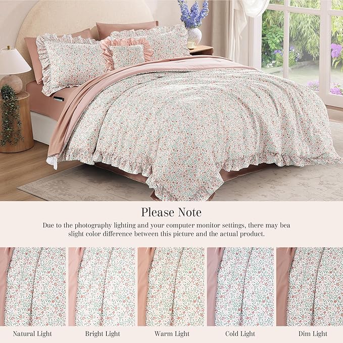 Queen Comforter Set - 7 Pieces Ruffle Pink Ditzy Bedding Sets, Shabby Chic Farmhouse Bed in a Bag Queen with Floral Comforter, Sheets, Pillowcases & Shams