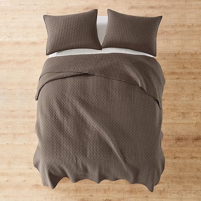 Levtex Home Cross Stitch Reversible Full/Queen Quilt Set (88x92in) with 2 Pillow Shams (26x20in) - Stitch Texture - Cocoa - Cotton Full/Queen Size Quilt Bedding Set - Lightweight, Soft, Pre-Washed