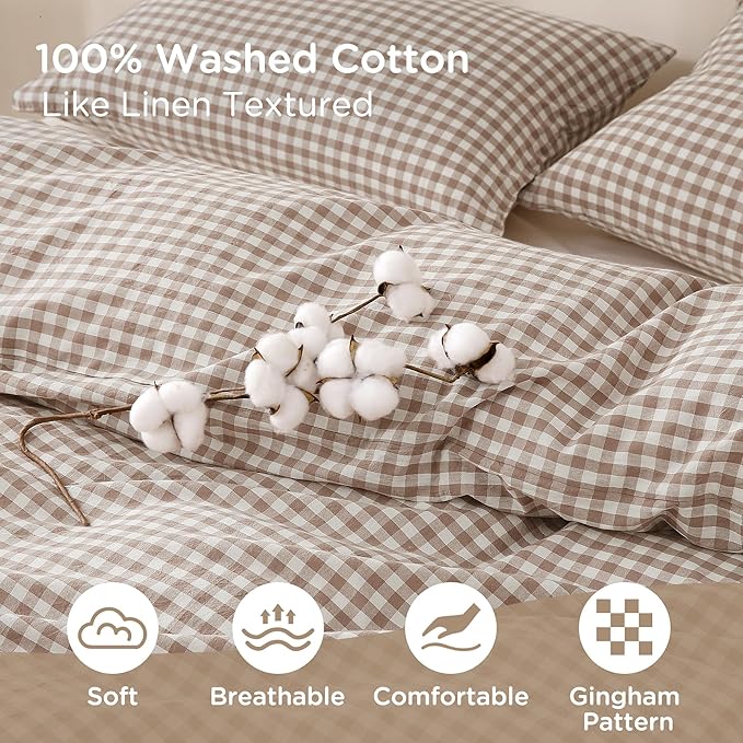 TOCOMOA Tan Gingham Duvet Cover Bedding Set 100% Washed Cotton Like Linen Feel Super Soft Comfy 3 Piece Brown Vintage Plaid Checkered Fall Comforter Cover Set (King 104"x90", Comforter Not Included)