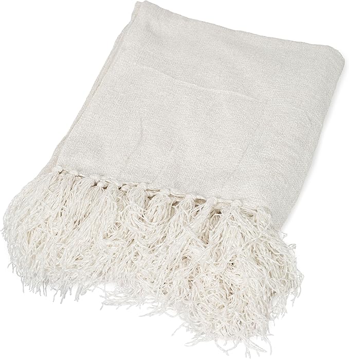 BIRDROCK HOME Internet’s Best Chenille Throw Blankets - Ivory - Ultra Soft Couch Blanket with Fringe - Light Weight Sofa Throw - 100% Microfiber Polyester - Easy Travel - Bed - 50 x 60