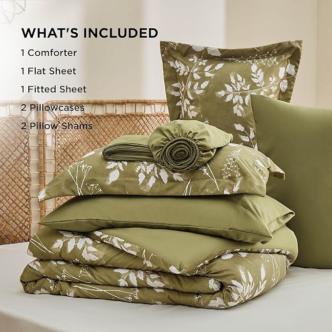 Bedsure King Size Comforter Set - 7 Pieces Floral Olive Green Soft Bedding Sets, King Bed in a Bag with Botanical Flowers Comforter, Sheets, Pillowcases & Shams