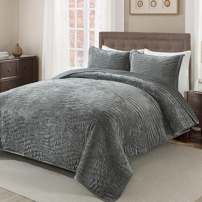 HoneiLife Velvet Quilt Sets Queen - Lightweight Bedspreads 3-Pieces, Wavy Coverlets Rustic Bed Cover Queen Quilt Bedding Sets for All Season Use, Grey