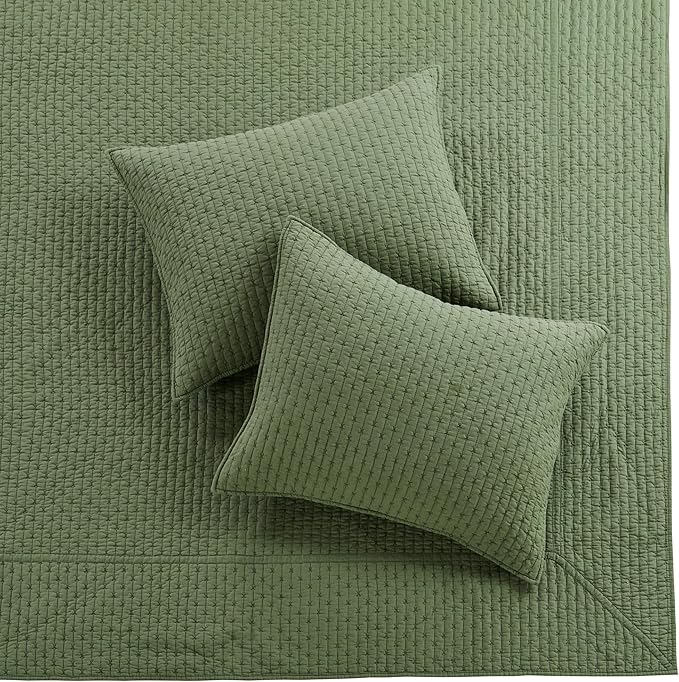 Levtex Home Cross Stitch Reversible Queen Bedspread Set (104x106in) with 2 Pillow Shams (26x20in) - Stitch Texture - Forest Green - Cotton Queen Size Bedspread Set - Lightweight, Soft, Pre-Washed