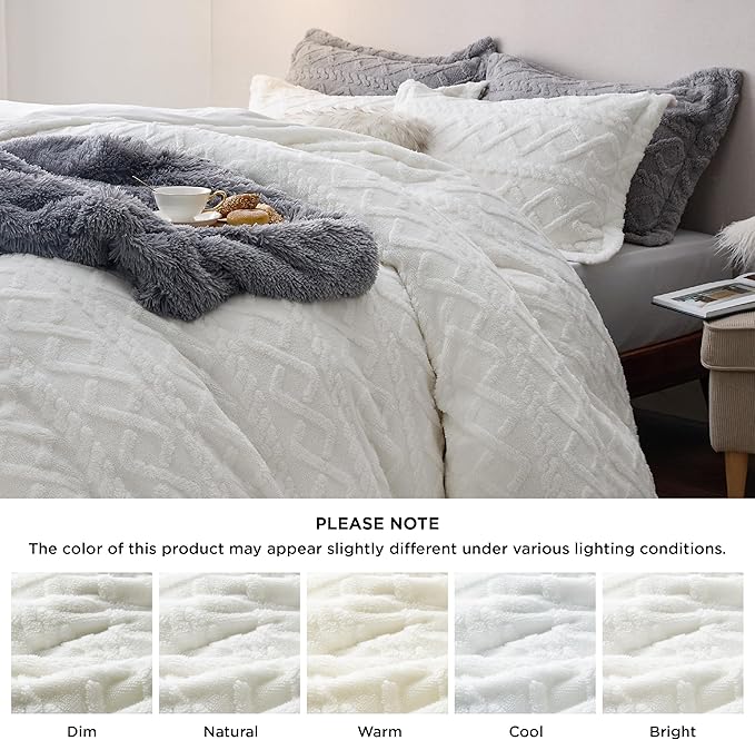 Bedsure Fluffy Flannel Duvet Cover Set - Faux Fur Comforter Cover Queen Size, White Warm Plush Bedding for Winter, 3-Piece Set with Zipper Closure (90"x90") and 2 Pillow Shams