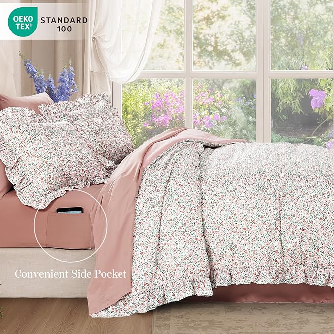 Queen Comforter Set - 7 Pieces Ruffle Pink Ditzy Bedding Sets, Shabby Chic Farmhouse Bed in a Bag Queen with Floral Comforter, Sheets, Pillowcases & Shams