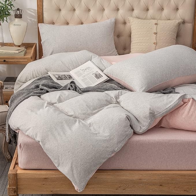 PURE ERA Jersey Knit Duvet Cover Set 100% T-Shirt Heather Cotton Super Soft Comfy Classic Striped Design, with Zipper Closure, Grey Light Pink Pinstripe, King.