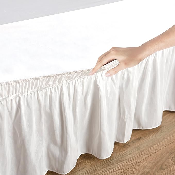 Bed Skirt Three Sides Fabric Adjustable Elastic Wrap Around Dust Ruffled Bed Skirts Queen XL Size White Solid 16" Tailored Drop