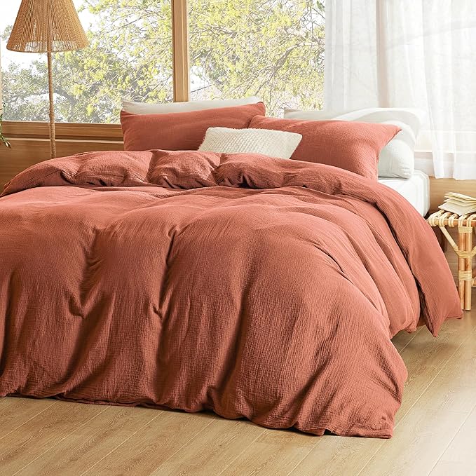 Bedsure 100% Muslin Cotton Duvet Cover Queen Size - Ultra-Soft, Breathable & Lightweight - Linen Like Gauze Comforter Cover Set with Button Closure and Corner Ties (Terracotta, Queen, 90"x90")
