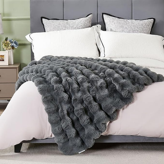 DREAMNINE Oversized Soft Thick Fuzzy Faux Rabbit Fur Throw Blanket Twin Size 60" x 71", Double Sided Comfy Plush Warm Shaggy Fluffy Blankets,Solid Luxury Cozy Cute Furry Blanket for Bed Couch Pet,Grey