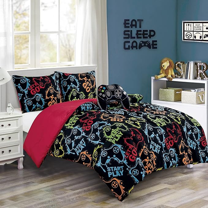 Chezmoi Collection Gamer Bedding 4-Piece Video Games Gamepad Microfiber Comforter Set for Boys Kids Teens Full/Queen Size (Oversized Twin)