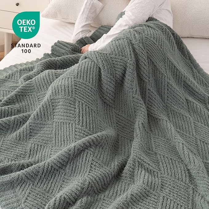 Battilo Sage Green Diamond Knit Throw Blanket for Couch and Bed, Soft Textured Chenille Blanket, Cozy Lightweight Decorative Blanket for Sofa, 50"x60"