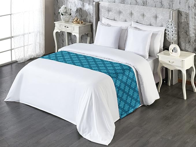 Lunarable Flower Bed Runner, Moroccan Flowers Design Geometric Blossoming Petal Pattern, Decorative Accent Bedding Scarf for Hotels Homes and Guestrooms, King, Ocean Blue