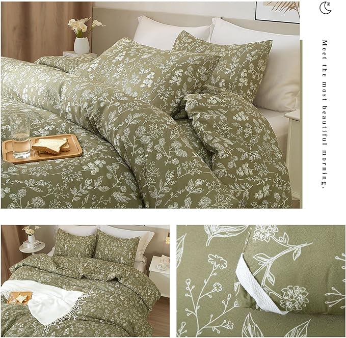 Floral Duvet Cover Twin Size Girl Olive Green Duvet Cover Set with Zipper Closure Soft Cotton Twin Comforter Cover 3 Piece Garden Bedding Set with Boho Leaves Aesthetic Bedding Duvet Cover Set